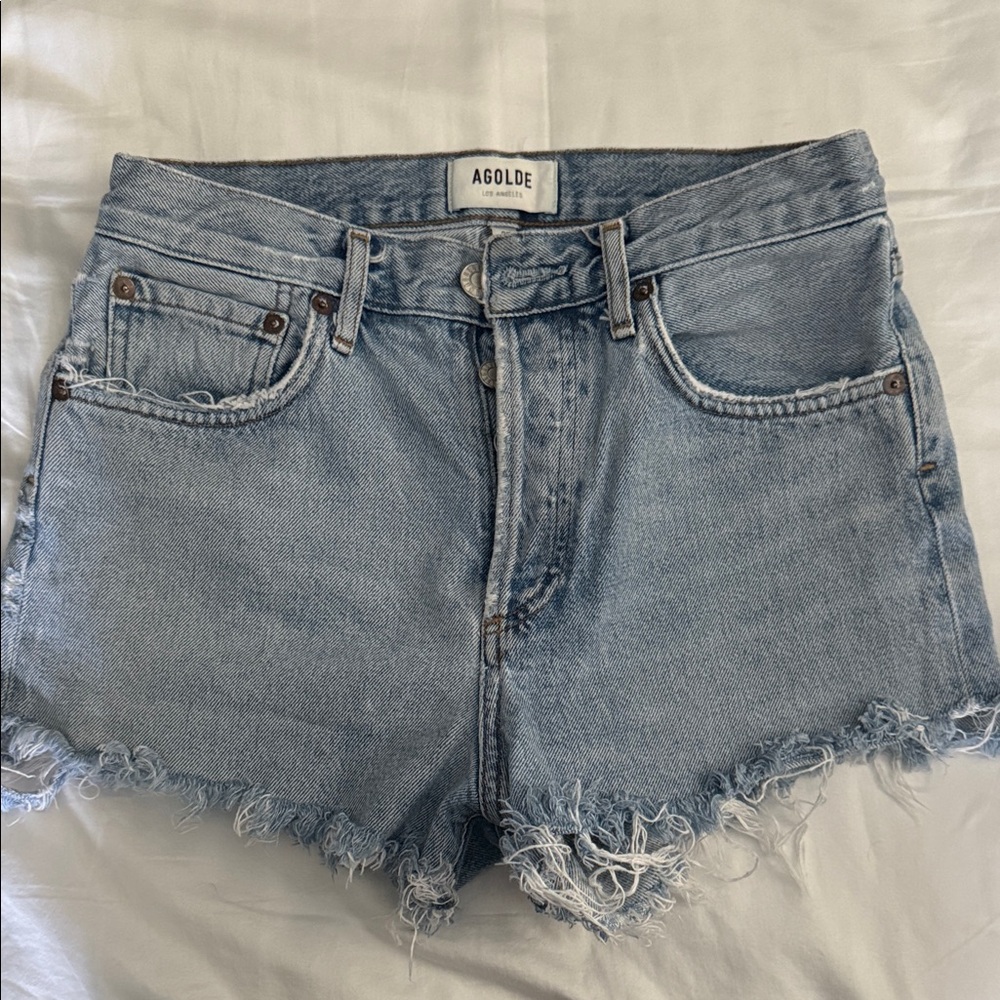 Agolde Light Blue Frayed Hem Jean Shorts